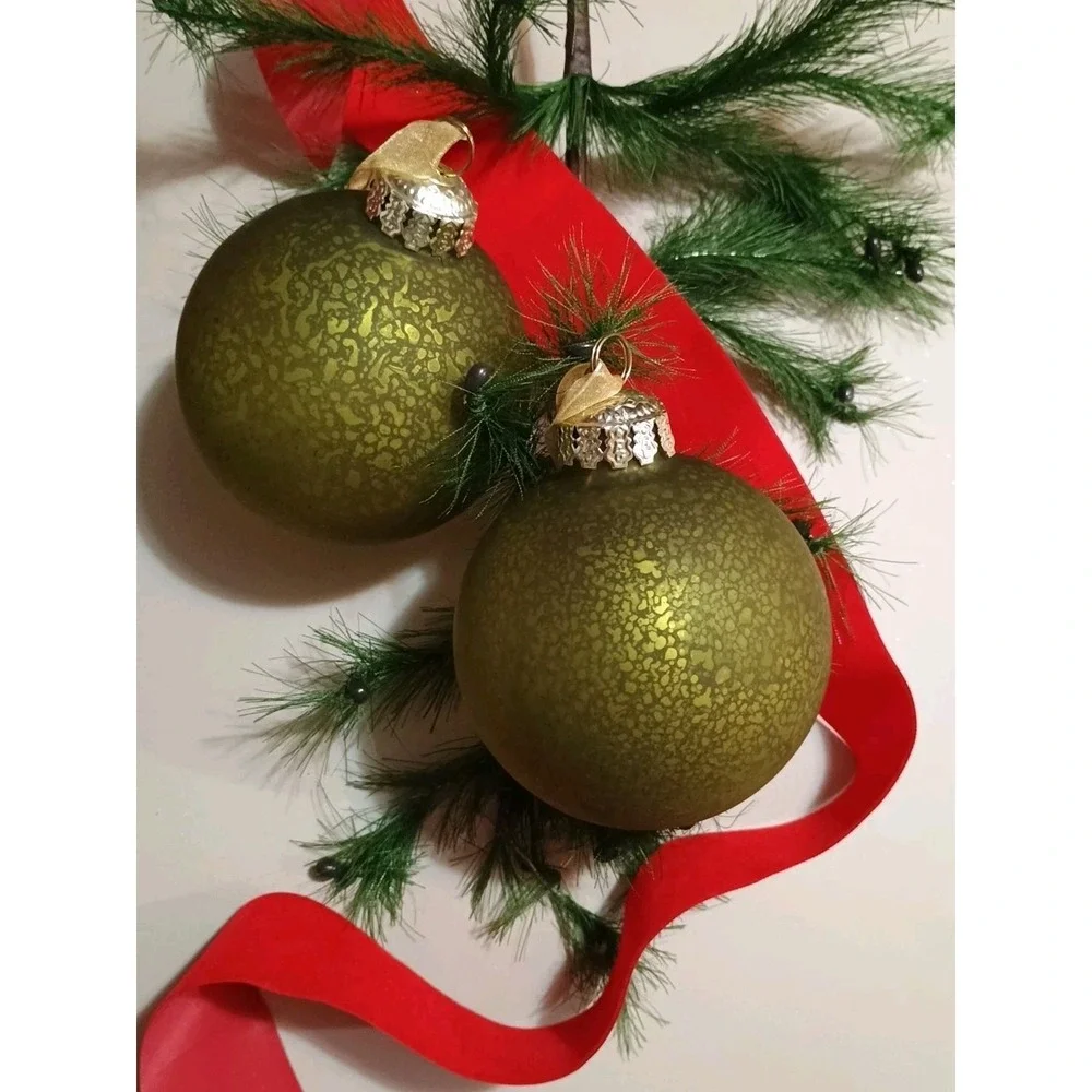 Pair Of Frontgate‎ Matte Green Round Glass Ornaments Ready To Hang